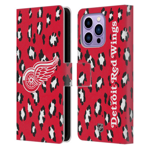 NHL Detroit Red Wings Leopard Patten Leather Book Wallet Case Cover For Apple iPhone 14 Pro Max