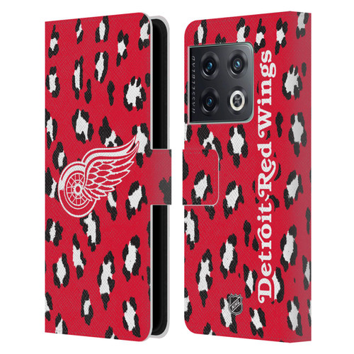 NHL Detroit Red Wings Leopard Patten Leather Book Wallet Case Cover For OnePlus 10 Pro