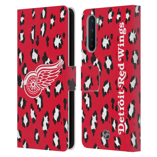 NHL Detroit Red Wings Leopard Patten Leather Book Wallet Case Cover For OnePlus Nord 5G