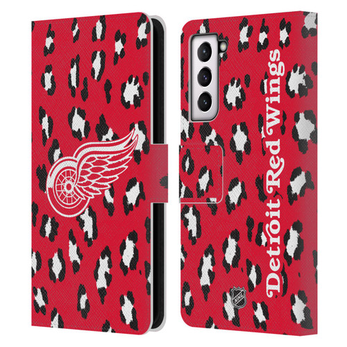 NHL Detroit Red Wings Leopard Patten Leather Book Wallet Case Cover For Samsung Galaxy S21 5G