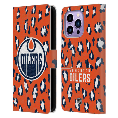 NHL Edmonton Oilers Leopard Patten Leather Book Wallet Case Cover For Apple iPhone 14 Pro Max