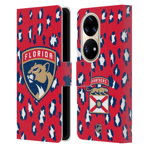 NHL Florida Panthers Leopard Patten Leather Book Wallet Case Cover For Huawei P50 Pro