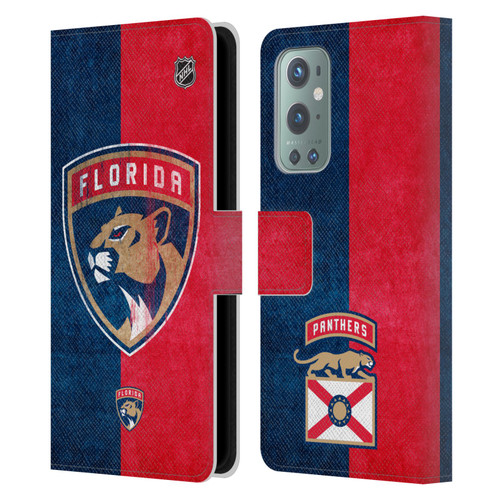 NHL Florida Panthers Half Distressed Leather Book Wallet Case Cover For OnePlus 9