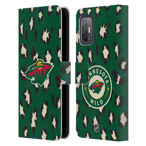 NHL Minnesota Wild Leopard Patten Leather Book Wallet Case Cover For HTC Desire 21 Pro 5G