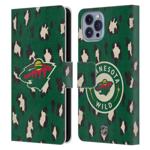 NHL Minnesota Wild Leopard Patten Leather Book Wallet Case Cover For Apple iPhone 14
