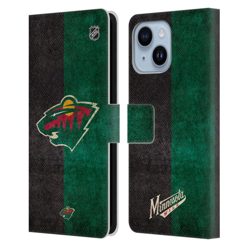 NHL Minnesota Wild Half Distressed Leather Book Wallet Case Cover For Apple iPhone 14 Plus