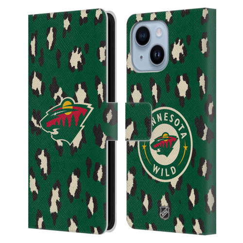 NHL Minnesota Wild Leopard Patten Leather Book Wallet Case Cover For Apple iPhone 14 Plus