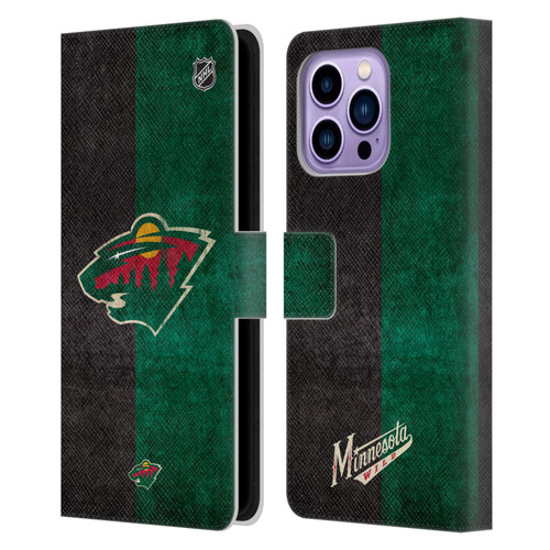 NHL Minnesota Wild Half Distressed Leather Book Wallet Case Cover For Apple iPhone 14 Pro Max