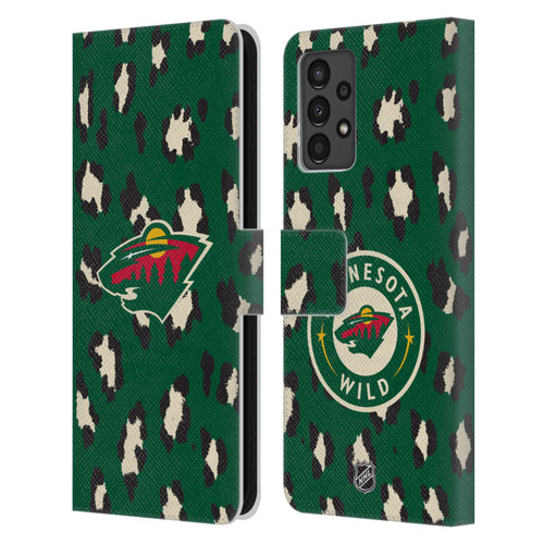 NHL Minnesota Wild Leopard Patten Leather Book Wallet Case Cover For Samsung Galaxy A13 (2022)