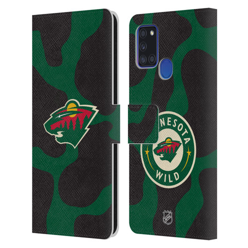 NHL Minnesota Wild Cow Pattern Leather Book Wallet Case Cover For Samsung Galaxy A21s (2020)