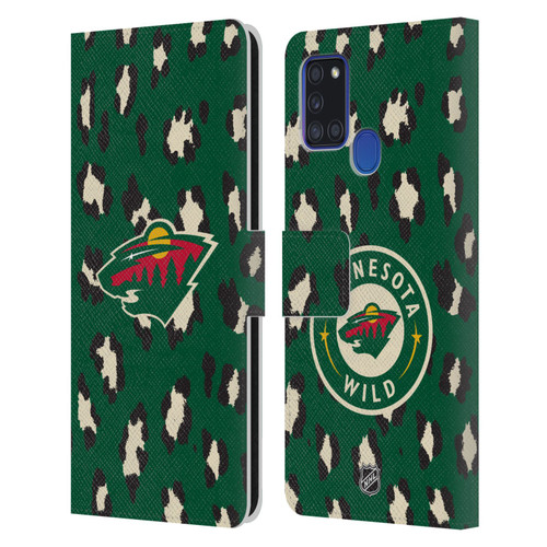 NHL Minnesota Wild Leopard Patten Leather Book Wallet Case Cover For Samsung Galaxy A21s (2020)