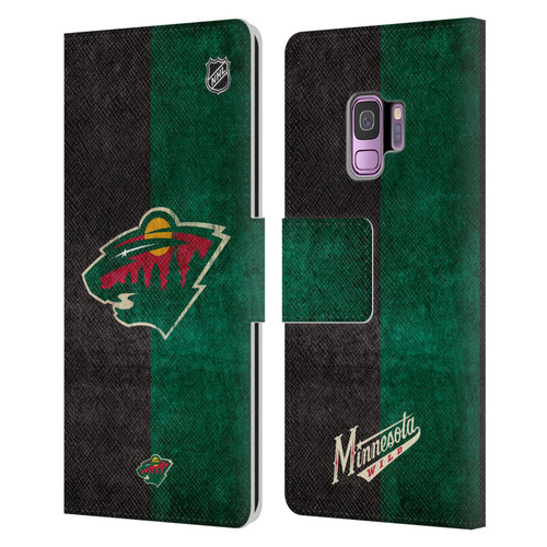 NHL Minnesota Wild Half Distressed Leather Book Wallet Case Cover For Samsung Galaxy S9