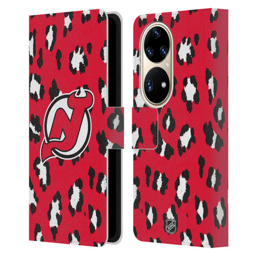 NHL New Jersey Devils Leopard Patten Leather Book Wallet Case Cover For Huawei P50 Pro