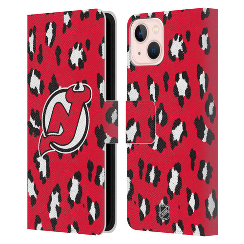 NHL New Jersey Devils Leopard Patten Leather Book Wallet Case Cover For Apple iPhone 13