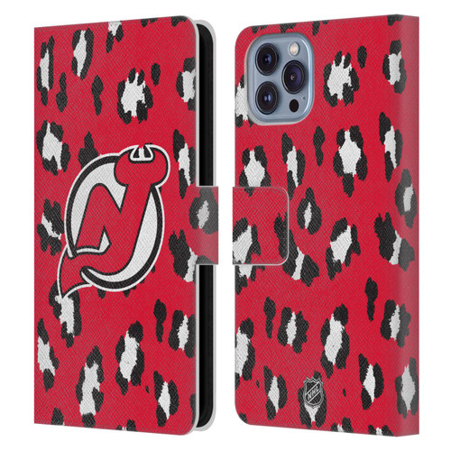 NHL New Jersey Devils Leopard Patten Leather Book Wallet Case Cover For Apple iPhone 14