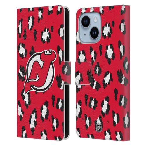 NHL New Jersey Devils Leopard Patten Leather Book Wallet Case Cover For Apple iPhone 14 Plus