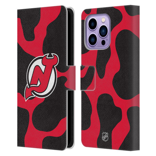 NHL New Jersey Devils Cow Pattern Leather Book Wallet Case Cover For Apple iPhone 14 Pro Max