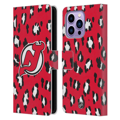 NHL New Jersey Devils Leopard Patten Leather Book Wallet Case Cover For Apple iPhone 14 Pro Max