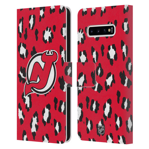 NHL New Jersey Devils Leopard Patten Leather Book Wallet Case Cover For Samsung Galaxy S10+ / S10 Plus