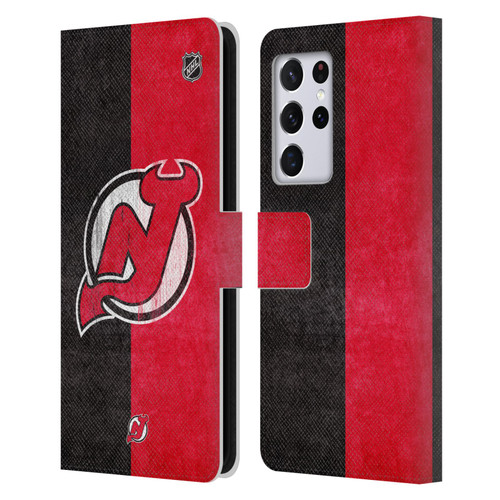 NHL New Jersey Devils Half Distressed Leather Book Wallet Case Cover For Samsung Galaxy S21 Ultra 5G