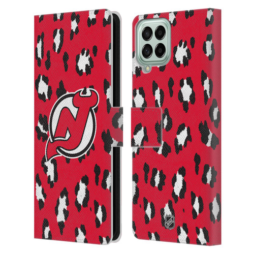 NHL New Jersey Devils Leopard Patten Leather Book Wallet Case Cover For Samsung Galaxy M33 (2022)