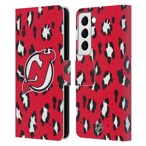 NHL New Jersey Devils Leopard Patten Leather Book Wallet Case Cover For Samsung Galaxy S22 5G