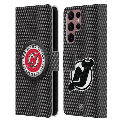 NHL New Jersey Devils Puck Texture Leather Book Wallet Case Cover For Samsung Galaxy S22 Ultra 5G