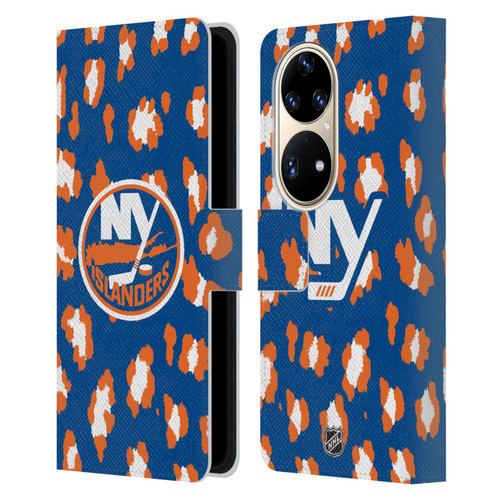 NHL New York Islanders Leopard Patten Leather Book Wallet Case Cover For Huawei P50 Pro