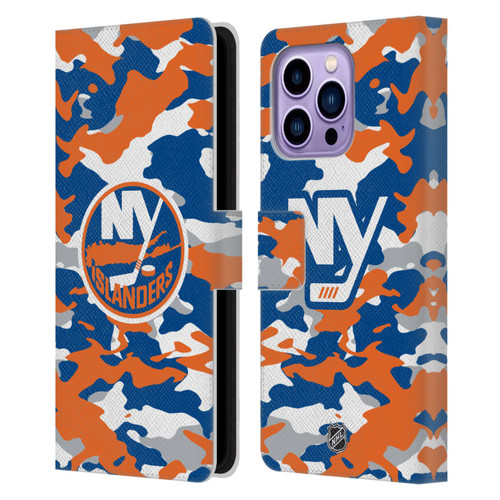 NHL New York Islanders Camouflage Leather Book Wallet Case Cover For Apple iPhone 14 Pro Max
