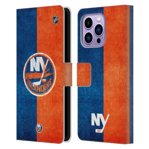 NHL New York Islanders Half Distressed Leather Book Wallet Case Cover For Apple iPhone 14 Pro Max