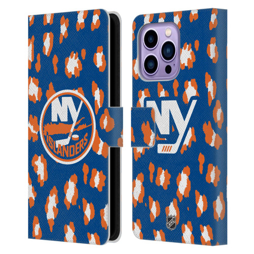 NHL New York Islanders Leopard Patten Leather Book Wallet Case Cover For Apple iPhone 14 Pro Max