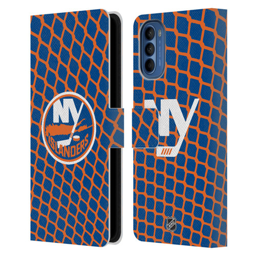 NHL New York Islanders Net Pattern Leather Book Wallet Case Cover For Motorola Moto G41