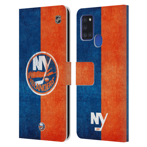 NHL New York Islanders Half Distressed Leather Book Wallet Case Cover For Samsung Galaxy A21s (2020)