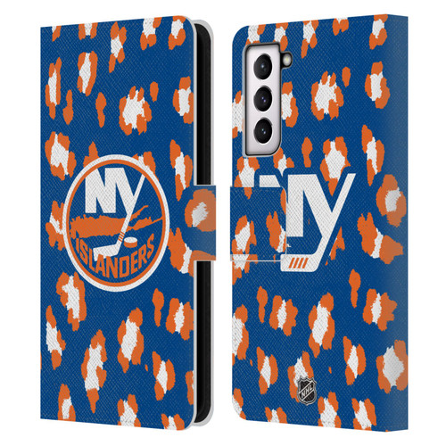 NHL New York Islanders Leopard Patten Leather Book Wallet Case Cover For Samsung Galaxy S21 5G