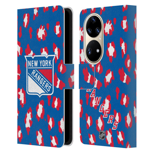 NHL New York Rangers Leopard Patten Leather Book Wallet Case Cover For Huawei P50 Pro