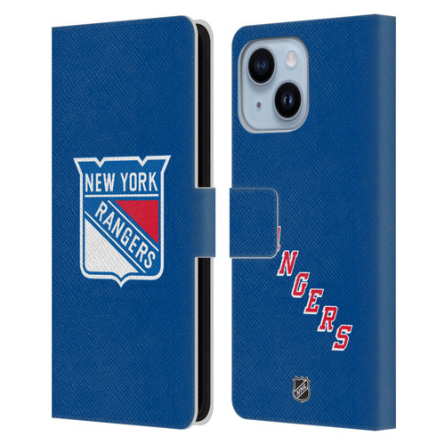 NHL New York Rangers Plain Leather Book Wallet Case Cover For Apple iPhone 14 Plus