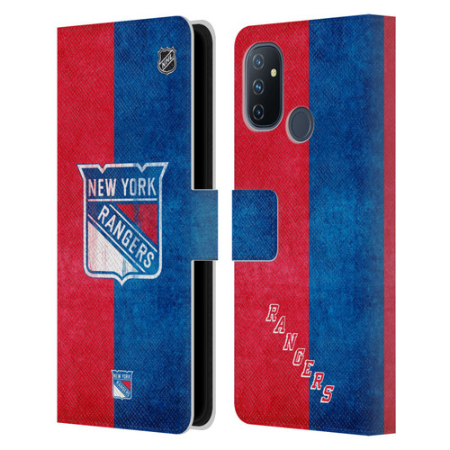 NHL New York Rangers Half Distressed Leather Book Wallet Case Cover For OnePlus Nord N100