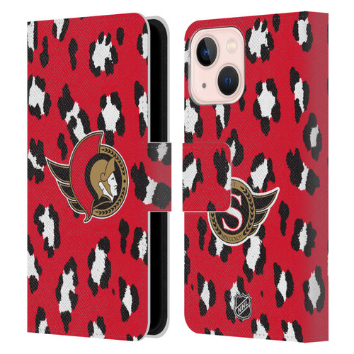 NHL Ottawa Senators Leopard Patten Leather Book Wallet Case Cover For Apple iPhone 13 Mini