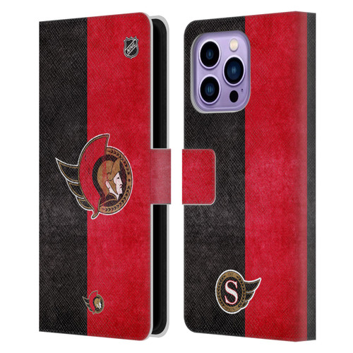NHL Ottawa Senators Half Distressed Leather Book Wallet Case Cover For Apple iPhone 14 Pro Max