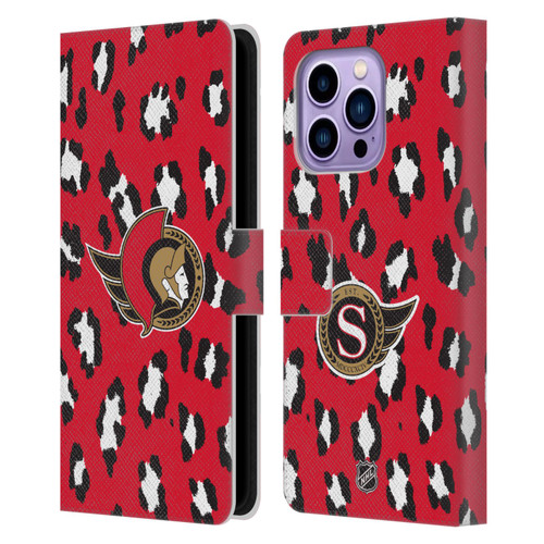 NHL Ottawa Senators Leopard Patten Leather Book Wallet Case Cover For Apple iPhone 14 Pro Max