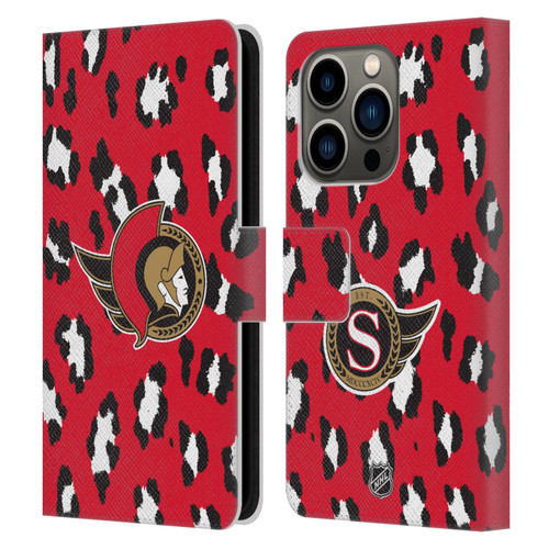 NHL Ottawa Senators Leopard Patten Leather Book Wallet Case Cover For Apple iPhone 14 Pro