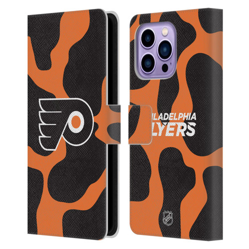 NHL Philadelphia Flyers Cow Pattern Leather Book Wallet Case Cover For Apple iPhone 14 Pro Max