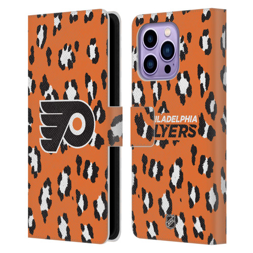 NHL Philadelphia Flyers Leopard Patten Leather Book Wallet Case Cover For Apple iPhone 14 Pro Max