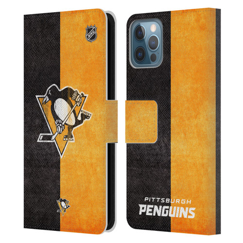 NHL Pittsburgh Penguins Half Distressed Leather Book Wallet Case Cover For Apple iPhone 12 / iPhone 12 Pro