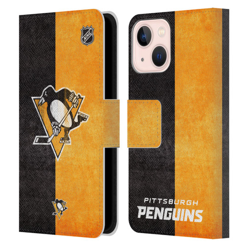 NHL Pittsburgh Penguins Half Distressed Leather Book Wallet Case Cover For Apple iPhone 13 Mini