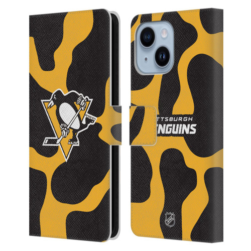 NHL Pittsburgh Penguins Cow Pattern Leather Book Wallet Case Cover For Apple iPhone 14 Plus