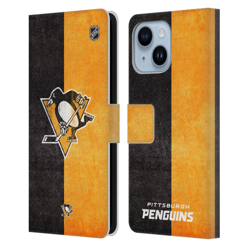 NHL Pittsburgh Penguins Half Distressed Leather Book Wallet Case Cover For Apple iPhone 14 Plus