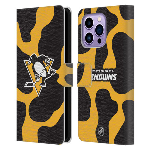 NHL Pittsburgh Penguins Cow Pattern Leather Book Wallet Case Cover For Apple iPhone 14 Pro Max