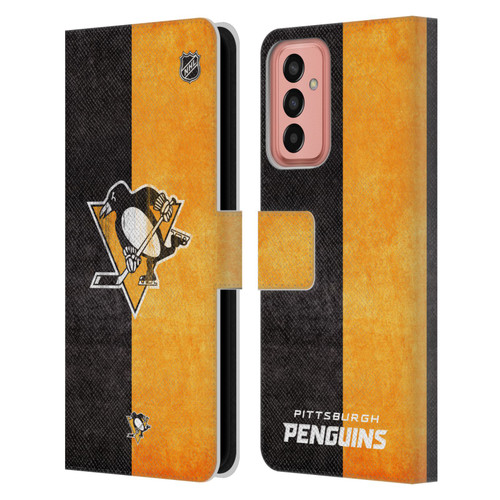 NHL Pittsburgh Penguins Half Distressed Leather Book Wallet Case Cover For Samsung Galaxy M13 (2022)