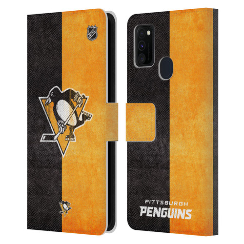 NHL Pittsburgh Penguins Half Distressed Leather Book Wallet Case Cover For Samsung Galaxy M30s (2019)/M21 (2020)